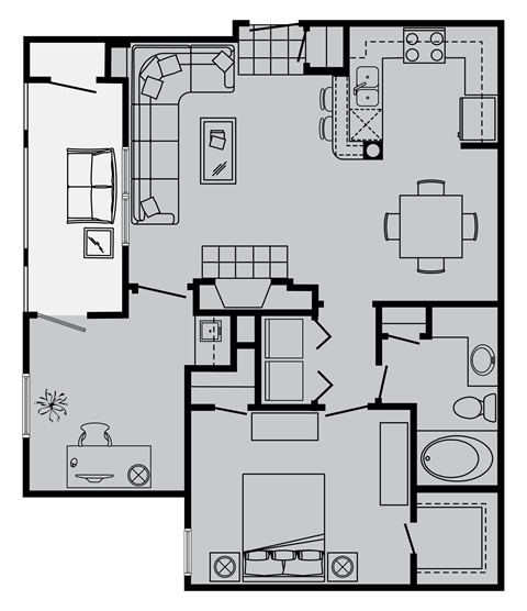 Floor plan for 1 bed, 1 bath, 861 sqft